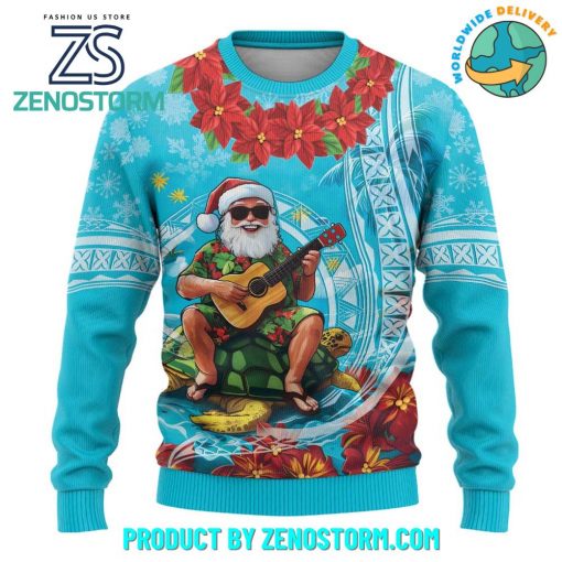 Mele Kalikimaka Poinsettia Lei Polynesian Blue Ugly Christmas Sweater