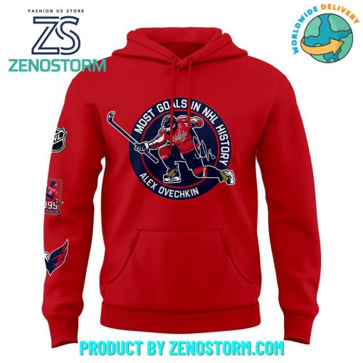 Alexander Ovechkin Washington Capitals NHL All-Time Leading Goal Scorer Cross Sticks Hoodie Red 2025.